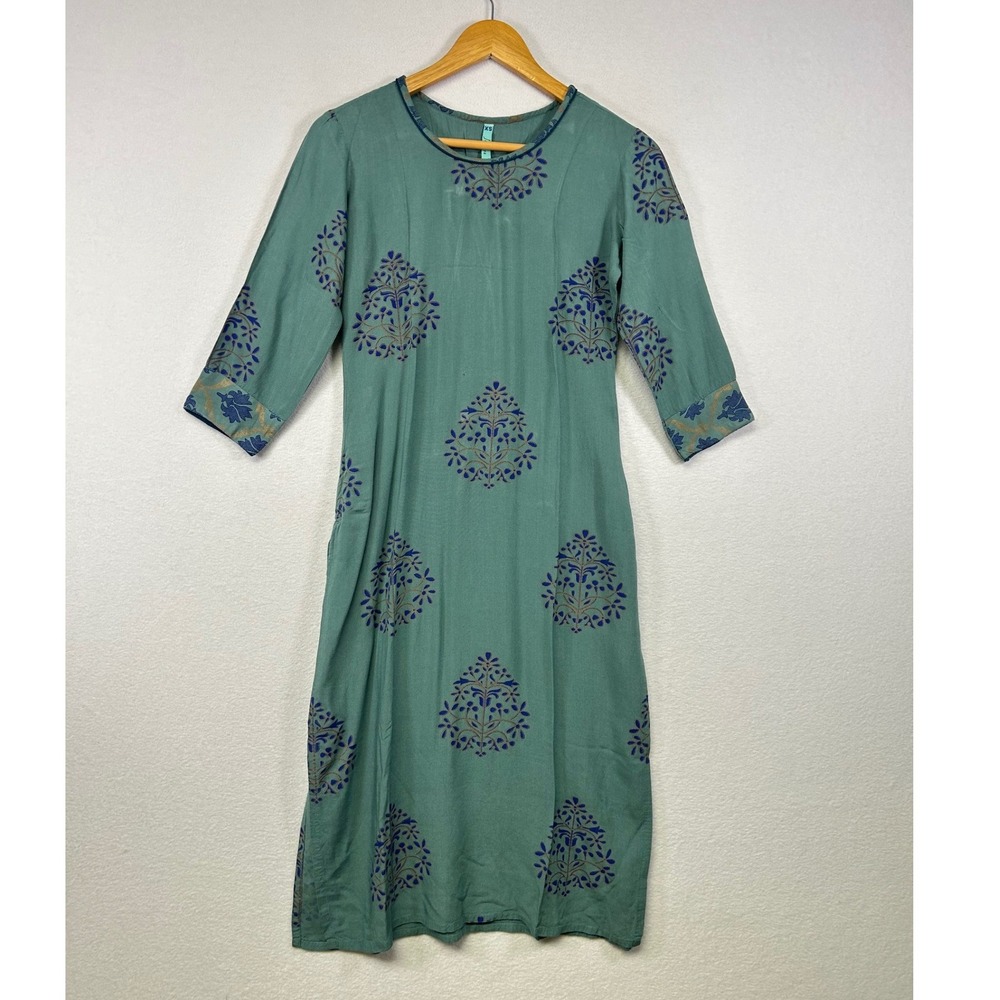 Janasva Teal Blue Block Print Kurta Dress Women's XS Three Quarter Sleeve